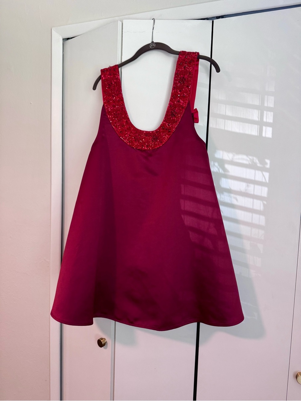 La Vie Style House Maroon Satin Beaded Mini Swing Dress NWT